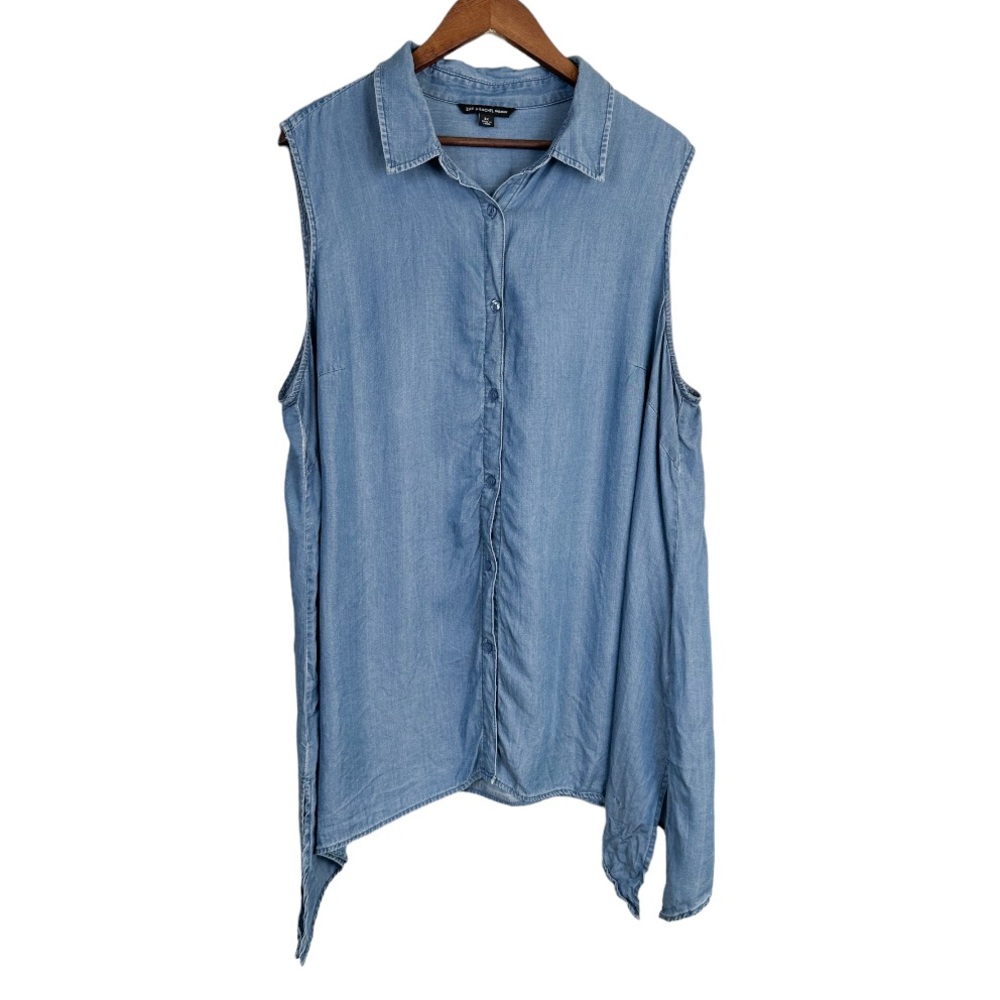 Zac & Rachel Blue Chambray Sleeveless Button Down Front Shark Bite Tunic Top 3X